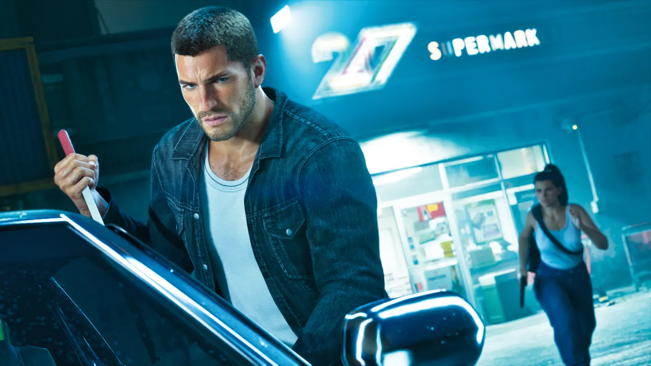 Jason forcing a car door with a slim jim while Lucia runs from a 24/7 supermarket holding a pistol