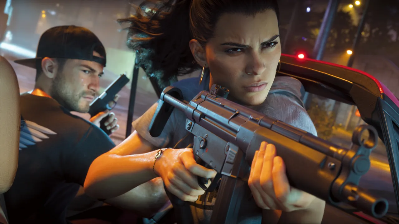 Lucia aiming from a car while Jason drives