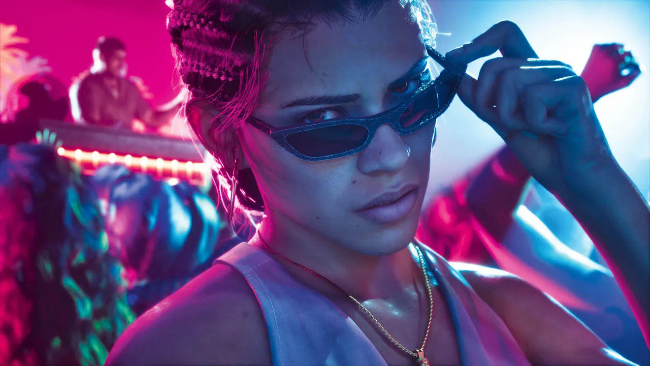 Lucia in sunglasses under pink and blue club lights